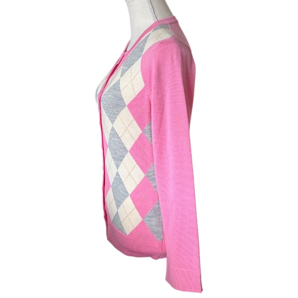 LILLY PULITIZER Argyle Pink Gray Ivory Button Sweater Merino Wool Medium - Picture 4 of 10
